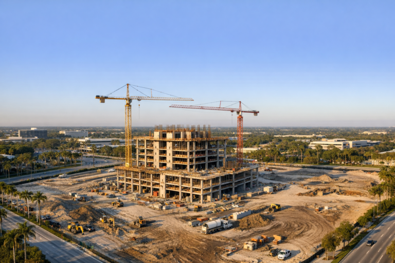 Drone progress monitoring Plantation commercial construction site from above