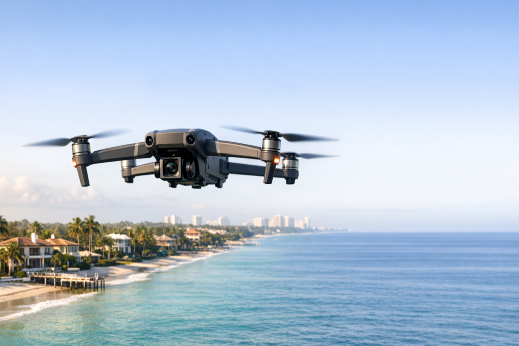 Drone flying over a Florida coastline for aerial imaging services