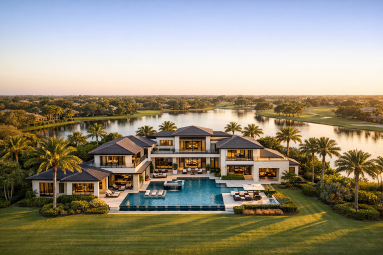 Luxury drone videography Weston capturing a waterfront estate at sunset