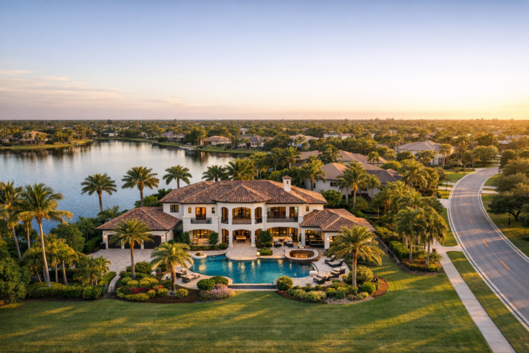 Real estate drone photography Coral Springs home with lake views
