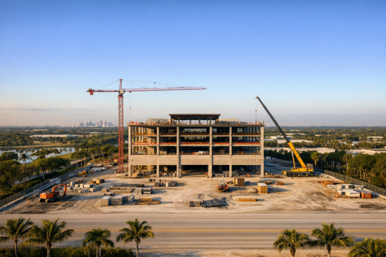 Construction drone photography Davie jobsite with centered commercial building