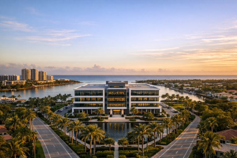 Commercial drone photography South Florida waterfront business district at sunrise