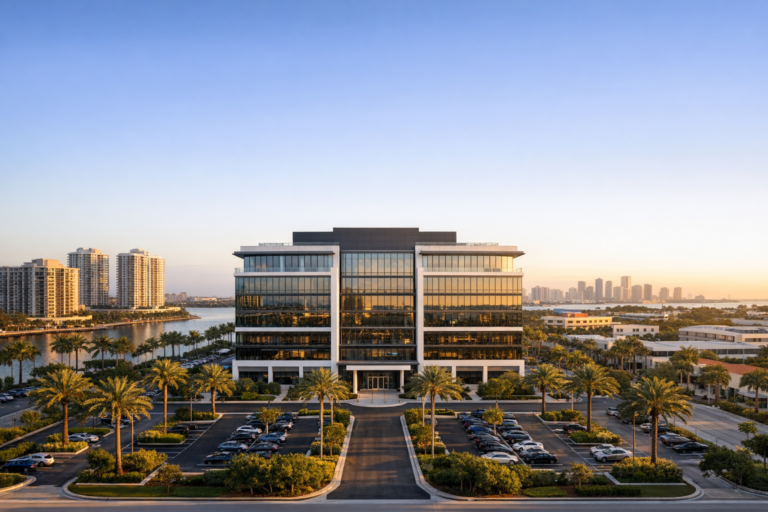 commercial real estate drone photography Miami office property at sunrise