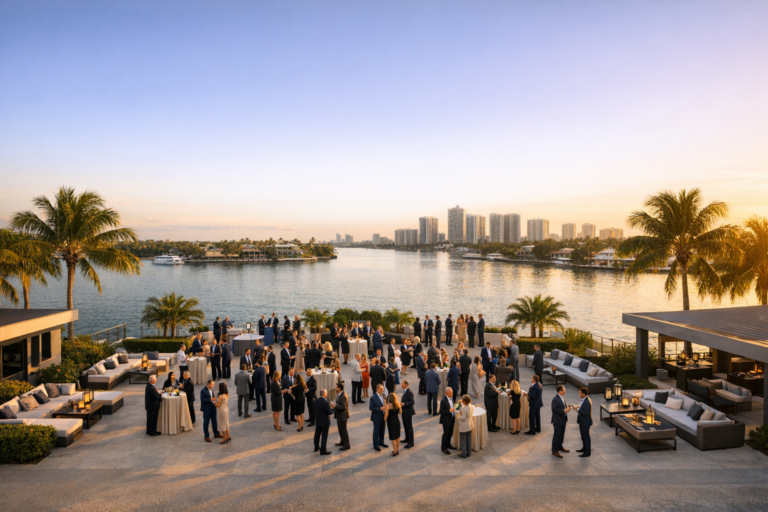 Corporate event drone photography South Florida at waterfront business reception