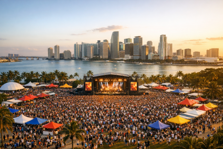 Festival drone photography Miami showing outdoor event crowd and stage