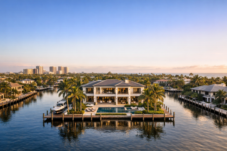 Realtor drone photography Fort Lauderdale waterfront home at sunrise