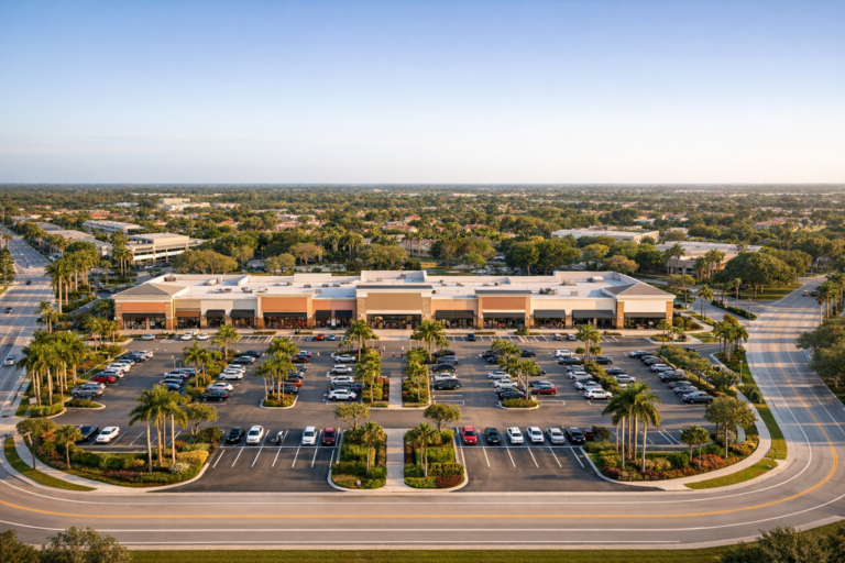 shopping center drone photography Coral Springs showing retail plaza and parking