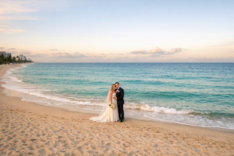 Wedding drone photography Fort Lauderdale beach couple at golden hour