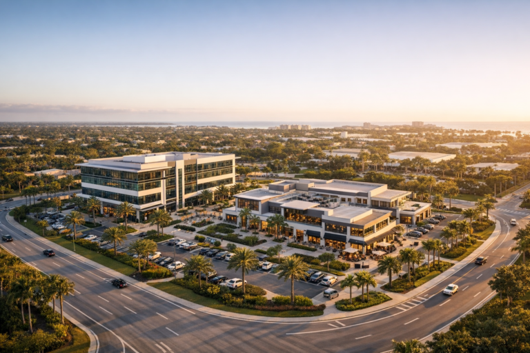 Commercial aerial photography South Florida office property at golden hour