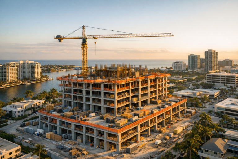 Construction drone photography Fort Lauderdale jobsite with centered tower crane
