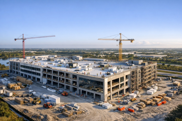 Drone roof progress photography of commercial construction exterior in South Florida