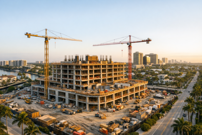Construction drone photography South Florida jobsite at sunrise