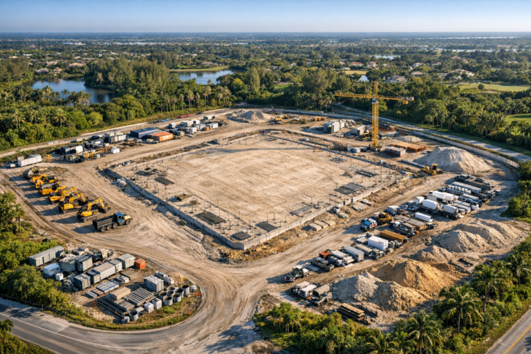 Construction site aerial photography showing organized jobsite layout from above