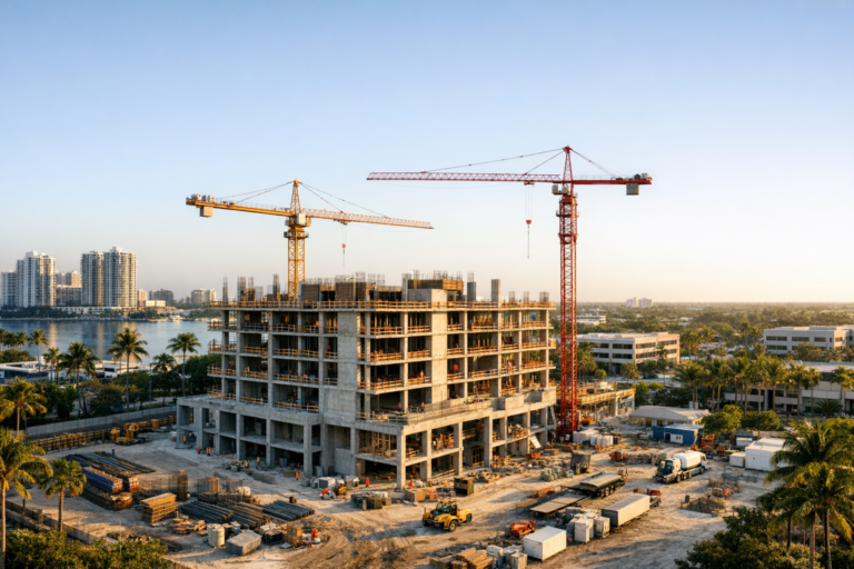 Centered drone view of construction timeline photography on a South Florida jobsite