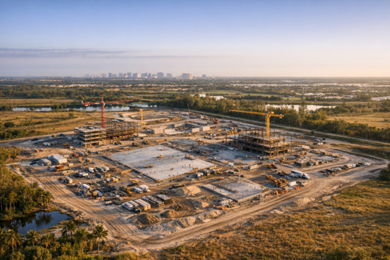 Drone construction monitoring over a South Florida development site