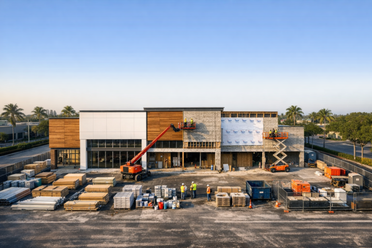 Drone view showing renovation progress photography at a commercial building